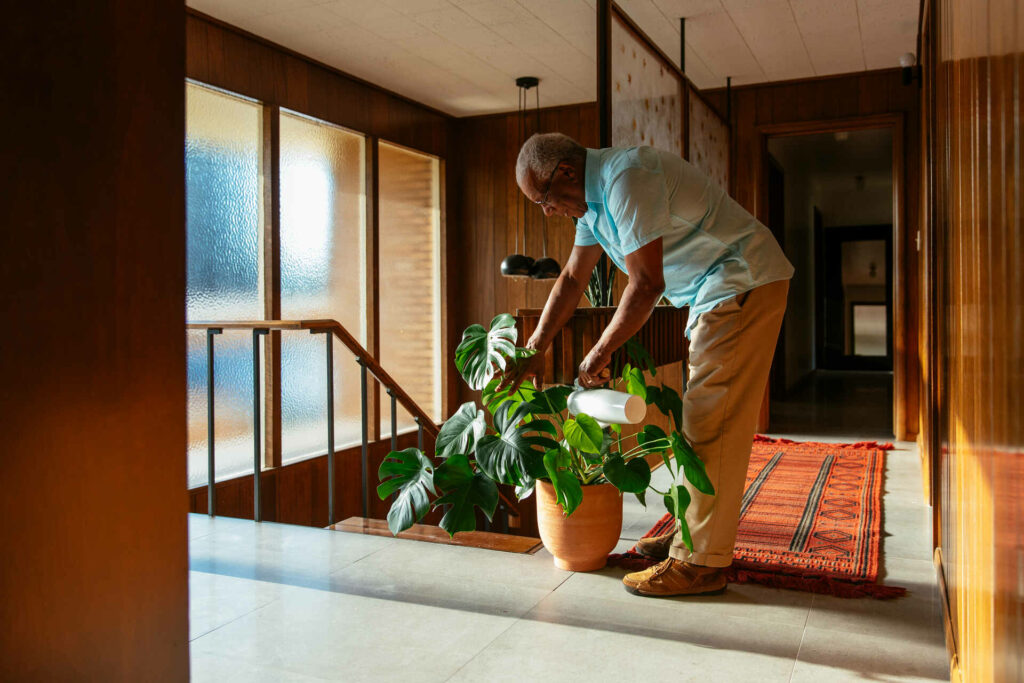 An Elderly Man Wearing A Light Blue Shirt And Beige Pants Is Watering A Large Green Potted Plant In A Brightly Lit Hallway With Wooden Walls And Frosted Glass Windows.