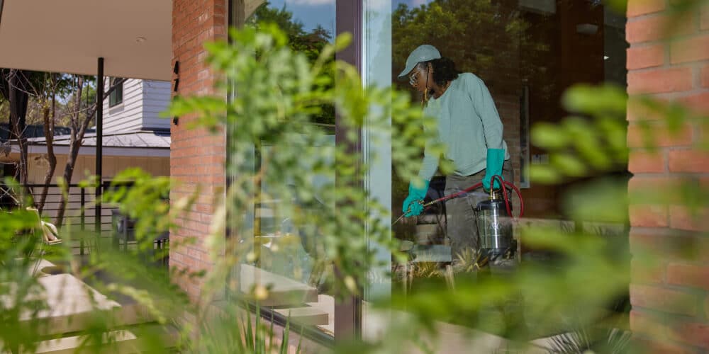 An Aptive Pest Control Specialist, Wearing Protective Gloves And A Hat, Sprays Pesticide Around The Exterior Of A House, Visible Through A Window With Green Foliage In The Foreground.